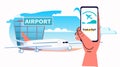 human hand using booking flight mobile app on smartphone airport terminal with aircraft flying plane taking off