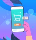 human hand using mobile shopping app on smartphone screen online payment electronic bank application