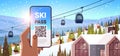 human hand using ski pass application on smartphone screen winter vacation concept snowy mountains landscape