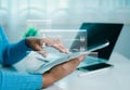 Human hand using tablet touching a virtual screen displaying questions and answers with artificial intelligence, Machine learning