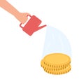 Human hand watering coins for grown vector illustration. Successful Investment Strategy concept. Royalty Free Stock Photo