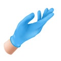 Human hand wearing blue latex medical glove. Realistic vector illustration of sterile rubber protective hygiene equipment for