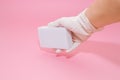 Melamine sponges on pink background