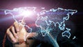 Human hand and world map to control future technology and big data transmission Royalty Free Stock Photo