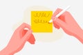Human hand writes a reminder on a sticky note. Flat cartoon style. Royalty Free Stock Photo