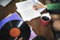 Human Hand Writing Notebook Vinyl Record Music Concept Royalty Free Stock Photo