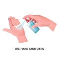 Human hands applying antibacterial spray disinfection against virus bacteria stop coronavirus use hand sanitizers