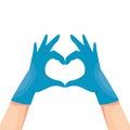 Human hands in blue latex medical gloves show a heart symbol vector illustration. Doctors thanks concept. Isolated on