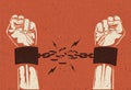 Human hands break the chain. Freedom release concept. Broken chain. Vintage styled vector illustration Royalty Free Stock Photo