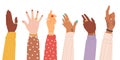 Human hands. Cartoon diverse arms raised up, different skin colours hands flat vector illustration set. Hands gestures collection