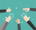 Human hands clapping. Applaud hands. Hand gestures - OK, Super, Thumb. Vector illustration on green background Royalty Free Stock Photo