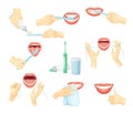 Human hands cleaning teeth with toothbrush, toothpaste and floss. Oral hygiene, dentistry vector illustration Royalty Free Stock Photo