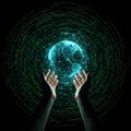 Human hands, in a close-up digital art image, gently shape a glowing nexus of green and blue binary code into an interconnected gl Royalty Free Stock Photo