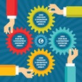 Human hands with colored gears - infographic business concept - vector concept illustration in flat style design. Royalty Free Stock Photo