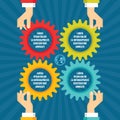 Human hands with colored gears - infographic business concept - vector concept illustration in flat style design. Royalty Free Stock Photo