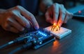 Human hands connect various electronic components on blue circuit board, white breadboard. Bright blue, orange LEDs glow. Royalty Free Stock Photo
