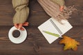 Human hands with a cup of coffee and scarf at wooden table with notebook and pen and autumn leaves Royalty Free Stock Photo