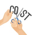 Human hands cutting word cost, concept of reduction budget cuts Royalty Free Stock Photo