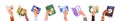 Human hands with different paper books set. People hold various literature for reading and learning: programming
