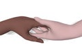 Human hands of different races are drawn to the heart. Palms light skin, dark skin, Asian skin. 3D rendering