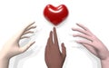 Human hands of different races are drawn to the heart. Palms light skin, dark skin, Asian skin. 3D rendering