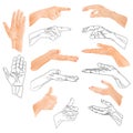 Human hands drawing and outline watercolor set on a white background vintage vector illustration editable hand draw