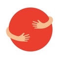 Human hands embracing or holding circle vector flat illustration. Creative emblem with a red big round figure and Royalty Free Stock Photo