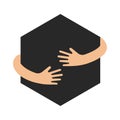Human hands embracing or holding regular hexagon vector flat illustration. Creative emblem with black big figure and Royalty Free Stock Photo