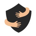 Human hands embracing or holding shield sign vector flat illustration. Creative emblem with black big security symbol Royalty Free Stock Photo