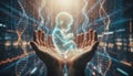 Hands cradling glowing fetus with genetic code and data Royalty Free Stock Photo