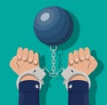 Human hands in handcuffs and weight ball.