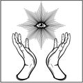 Human hands hold the divine all-seeing eye. Magic, alchemy, occult, spirituality.