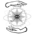 Human hands hold the divine all-seeing eye. Planet orbits, space, universe.