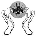 Human hands hold a fantastic bug. Symbols of the moon. Mysticism, esoteric, sorcery.