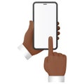 Human hands hold mobile phone, pointing finger at blank screen