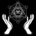 Human hands hold the shining triangle, a providence eye. Sacred geometry, mystical symbol.