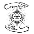 Human hands hold the shining triangle a symbol of eyes. Coloring book.