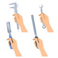 Human hands hold small tools: spanner, rasp, caliper, chisel.