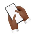 Human hands hold smartphone, touch white empty screen with fingers