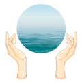 Human hands hold the sphere symbolizing the sea.