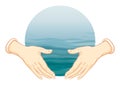 Human hands hold the sphere symbolizing the sea.