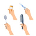 Human hands hold spoon, digital thermometer, pill container, hair comb.