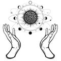 Human hands hold a stylized solar system, cosmic symbols, phase of the moon.