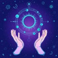 Mystical drawing: human hand holds the universe.Human hands hold a stylized solar system, cosmic symbols, phase of the moon. Royalty Free Stock Photo