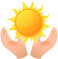 Human hands hold symbol of shining sun. conservation, rescue of solar heat, environmental protection