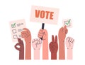 Human hands holding banners. Voting and elections concept. Vector illustration in flat style Royalty Free Stock Photo