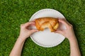 Human hands holding bun over empty plate on grass Royalty Free Stock Photo