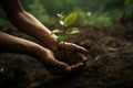 Human hands holding and caring young plant with soil background, World Environment day concept. Generative AI