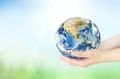 earth day concept, Human hands holding earth global on blurred nature background. Elements of this image furnished by NASA Royalty Free Stock Photo