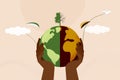 Human hands holding Earth globe, compared between green sustainability ecology and high pollution earth with death tree. Vector Royalty Free Stock Photo